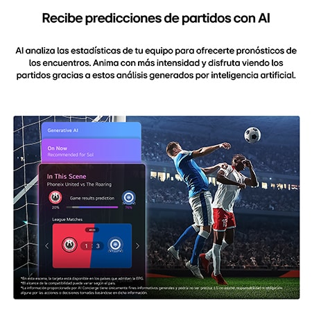 LG NANO 4K UHD AI NU85 Sports Forecast by AI Concierge displays a live soccer match with an on-screen AI panel presenting predictions, game insights, and league data, suggesting how AI analyzes gameplay to forecast match outcomes. 