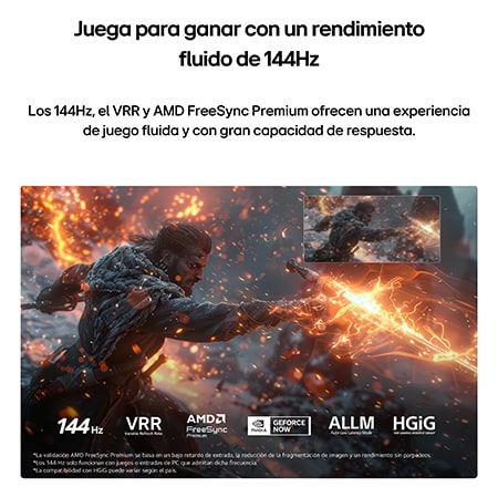 LG NANO 4K UHD AI NU85 for Ultimate Gameplay shows an intense sword-fighting action scene with a comparison inset highlighting smoother motion, while supporting 144Hz, VRR, AMD FreeSync, ALLM, HGiG, and GeForce NOW.