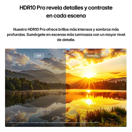 LG NANO 4K UHD AI NU85 highlights HDR10 Pro in a split scenic image comparing SDR and HDR10 Pro, revealing brighter highlights, deeper shadows, and enhanced contrast in a sunset lake scene for richer detail and clarity.