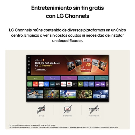 LG NANO 4K UHD AI NU85 home screen navigates into the LG Channels interface, with free live TV channels, movies, and exclusive content. It highlights direct access to hundreds of entertainment options with no payment, no subscription, and no set-top box required.
