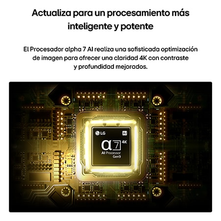 LG NANO 4K UHD AI NU85’s alpha 7 AI Processor 4K Gen9 glows at the center of a yellow circuit board, highlighting smarter, more powerful AI processing that enhances 4K image clarity with improved contrast and depth.