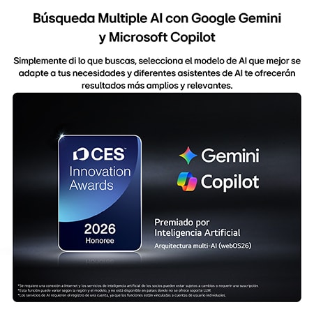 The 2026 CES Innovation Awards Honoree badge in the Artificial Intelligence category recognizes Multi-AI search with Google Gemini and Microsoft Copilot.