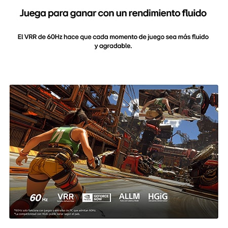 LG NANO 4K UHD AI NU85 for Ultimate Gameplay shows a fast-paced action game scene with a comparison inset highlighting smoother motion, while supporting up to 60Hz, VRR, ALLM, HGiG, and GeForce NOW.