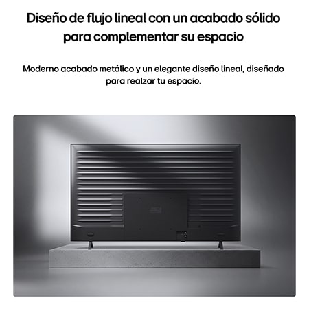 LG NANO 4K UHD AI NU85 is shown from the back, revealing a metallic rear panel with evenly spaced horizontal ridges that create a clean, structured look and emphasize the Linear Flow Design across the entire surface.