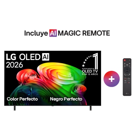The front view of LG OLED AI B6, released in 2026, features a slim black bezel, with a vivid, sculptural image of richly layered, multicolored forms filling the screen.