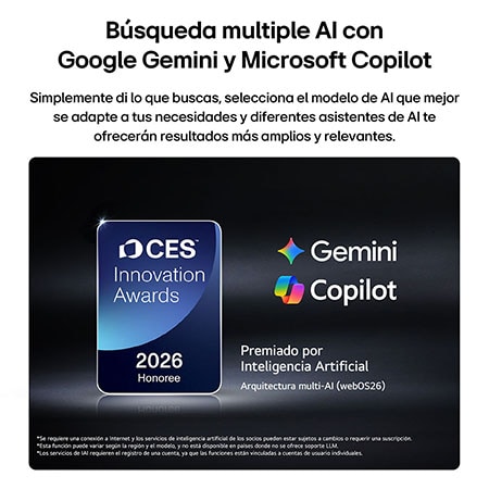 The 2026 CES Innovation Awards Honoree badge in the Artificial Intelligence category recognizes Multi-AI search with Google Gemini and Microsoft Copilot.