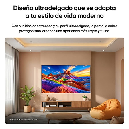 LG OLED AI B6 is wall-mounted in a styled living space, featuring an ultra-slim design with narrow bezels, and it displays a rainbow-toned landscape with layered mountain forms on screen.