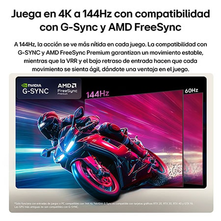 LG OLED AI B6 compares 144Hz vs 60Hz in a motorcycle racing game, showing the 144Hz panel as ultra-smooth and tear-free. NVIDIA G-SYNC and AMD FreeSync Premium logos appear at top left.