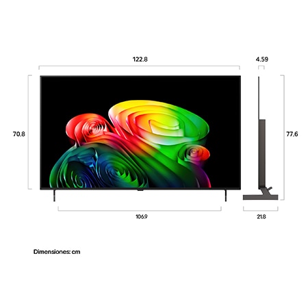 LG OLED AI B6 shown in front and side views highlights a 55-inch display with a 1228 mm-wide screen, an overall height of 708 mm, and an ultra-slim 45.9 mm depth without a stand.