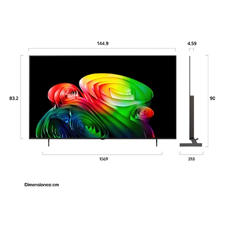 LG OLED AI B6 shown in front and side views highlights a 65-inch display with a 1449 mm-wide screen, an overall height of 832 mm, and an ultra-slim 45.9 mm depth without a stand.
