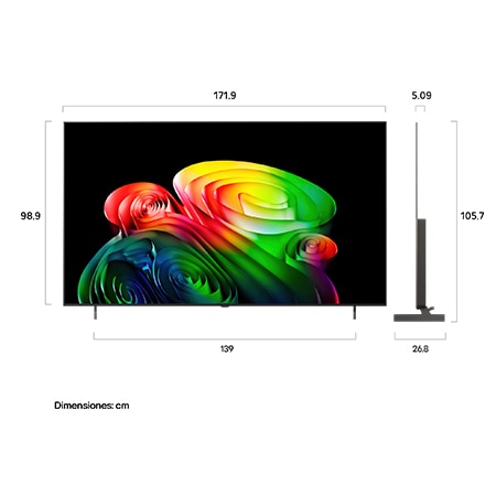 LG OLED AI B6 shown in front and side views highlights a 77-inch display with a 1719 mm-wide screen, an overall height of 989 mm, and an ultra-slim 50.9 mm depth without a stand.