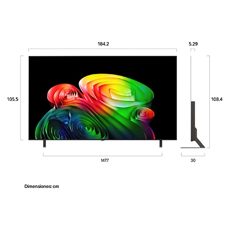 LG OLED AI B6 shown in front and side views highlights a 83-inch display with a 1842 mm-wide screen, an overall height of 1055 mm, and an ultra-slim 52.9 mm depth without a stand.