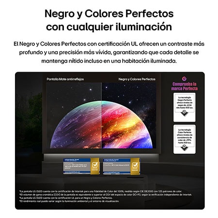 LG OLED AI B6 shows a split-screen planet-and-stars scene, comparing an anti-glare matte display with its Perfect Black & Perfect Color display for clearer picture quality in any light, supported by UL certification and Intertek certifications for color volume and color fidelity.