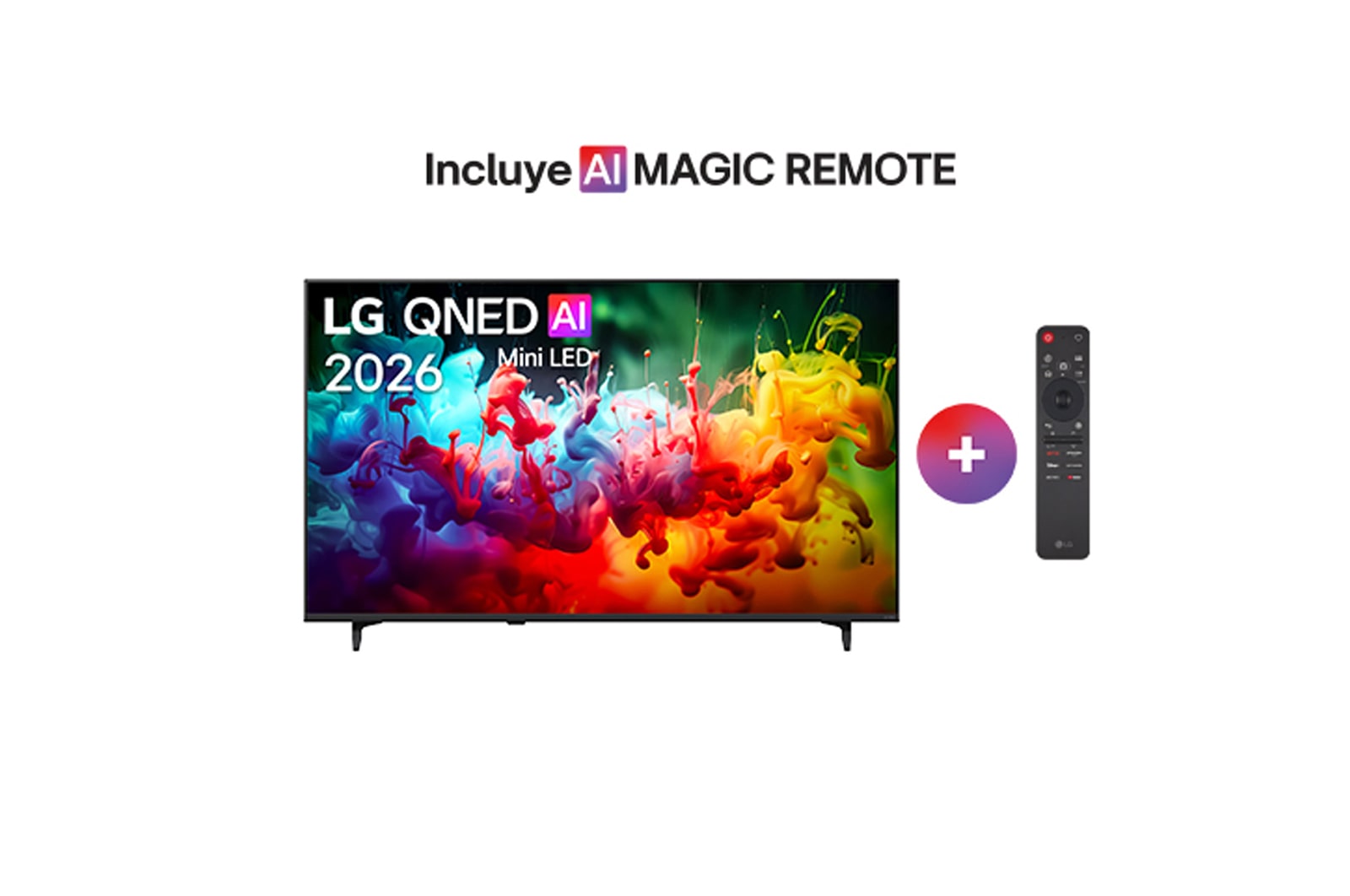 The front view of the LG QNED AI QNED74 Mini LED, released in 2026, displays vivid, fluid splashes of multicolored motion, featuring Dynamic QNED Color, Mini LED, an α7 AI Processor 4K Gen9, webOS, and an 85-inch display.
