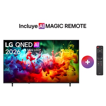 The front view of the LG QNED AI QNED74 Mini LED, released in 2026, displays vivid, fluid splashes of multicolored motion, featuring Dynamic QNED Color, Mini LED, an α7 AI Processor 4K Gen9, webOS, and an 85-inch display.