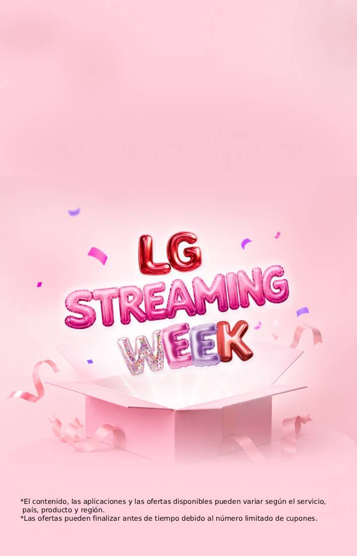 Letras coloridas de «"LG Streaming Week" con estilo de globos que se elevan desde una caja de regalo rosa abierta, rodeadas de cintas y confeti sobre un fondo rosa suave.