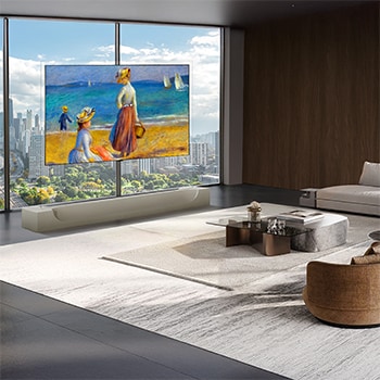 LG OLED evo AI W6 Wallpaper TV, driven by Hyper Radiant Color Tech, shows X3.9 Brighter visuals with alpha 11 AI Processor 4K Gen3 Dual AI Engine, Reflection Free Premium, and Perfect Black and Perfect Color badges in a pentagon layout.