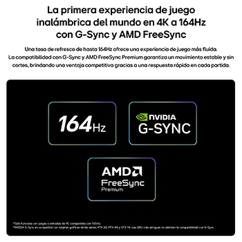 LG OLED evo AI W6 Wallpaper TV for Unbeatable Gameplay in 4K 165Hz shows a high-speed racing game with a yellow open-wheel car in motion, bold “WIN” text on screen, and NVIDIA G-SYNC and AMD FreeSync Premium logos at the top.