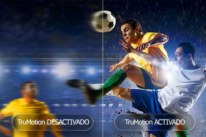 LG QNED evo AI QNED85 Mini LED with TruMotion highlights motion smoothing in a split-screen soccer scene, contrasting blurred action with TruMotion Off and sharp, clear movement with TruMotion On to emphasize clarity in fast-paced sports.