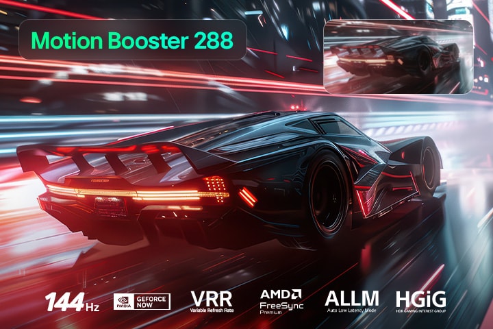 LG QNED evo AI QNED80 Mini LED foLG QNED evo AI QNED85 Mini LED for Ultimate Gameplay shows a vibrant, high-speed racing scene with a blurred comparison inset highlighting Motion Booster 288, while supporting 144Hz, VRR, AMD FreeSync, ALLM, HGiG, and GeForce NOW.r Ultimate Gameplay shows a high-speed racing scene with a comparison inset highlighting smoother motion through Motion Booster 120, while supporting 60Hz, VRR, AMD FreeSync, ALLM, HGiG, and GeForce NOW.