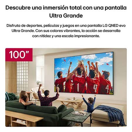 LG QNED evo AI QNED85 Mini LED 100-inch Ultra Big TV is wall-mounted in a living room, displaying a sports victory celebration with vivid colors and refined picture quality across the wide screen as a family cheers together.