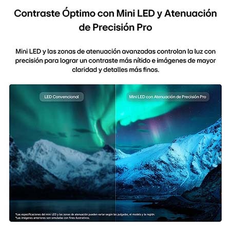 LG QNED evo AI QNED85 Mini LED highlights Mini LED with Precision Dimming Pro through a split aurora-lit glacier mountain scene, comparing conventional LED with deeper blacks and refined contrast to achieve greater precision and clarity.