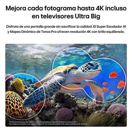 LG QNED evo AI QNED85 Mini LED with AI Picture Pro and Dynamic Tone Mapping Pro shows an underwater scene of a sea turtle swimming above coral and fish, as AI recognizes and upscales each frame to 4K resolution.