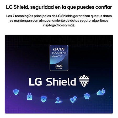 LG Shield, applied to LG QNED evo AI QNED85 Mini LED, is shown with an LG Shield logo at the center, security icons below, and a 2026 CES Innovation Awards Honoree badge above, representing data and system protection.