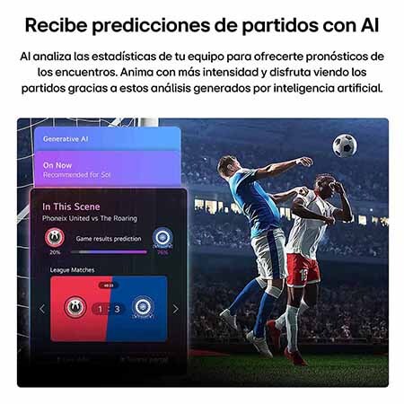 LG QNED evo AI QNED85 Mini LED Sports Forecast by AI Concierge displays a live soccer match with an on-screen AI panel presenting predictions, player insights, and league data, suggesting how AI analyzes gameplay to forecast match outcomes. 