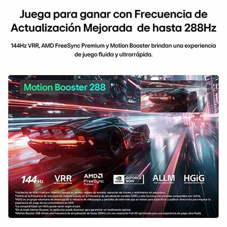 LG QNED evo AI QNED85 Mini LED for Ultimate Gameplay shows a vibrant, high-speed racing scene with a blurred comparison inset highlighting Motion Booster 288, while supporting 144Hz, VRR, AMD FreeSync, ALLM, HGiG, and GeForce NOW.
