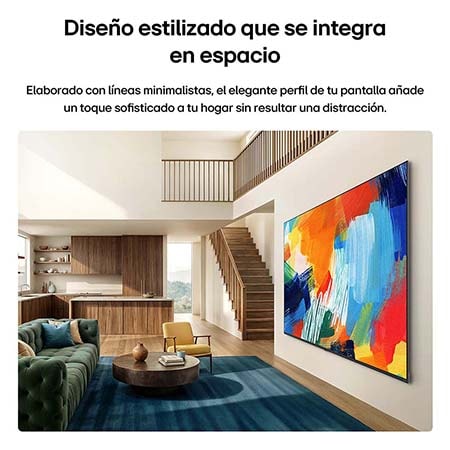 LG QNED evo AI QNED85 Mini LED with a Slim Design is wall-mounted in a bright, open living space, featuring a sleek profile that blends seamlessly into the interior while displaying a bold, colorful abstract artwork.