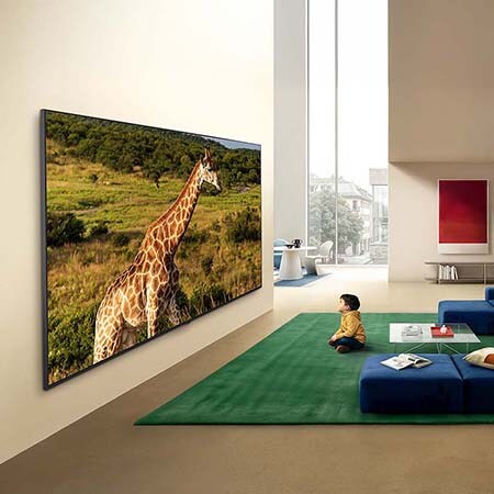 LG QNED evo AI QNED85 Mini LED Ultra Big TV design is wall-mounted in a bright living space, displaying a giraffe in a natural landscape with vivid detail that emphasizes immersive scale and presence for a child seated nearby.