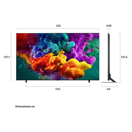 LG QNED evo AI QNED85 Mini LED shown in front and side views highlights a 100-inch display with a 2230 mm-wide screen, 1277 mm screen height, 1374/1338 mm height with stand, a 49.9 mm profile depth, and a stand footprint measuring 1725 by 415 mm.