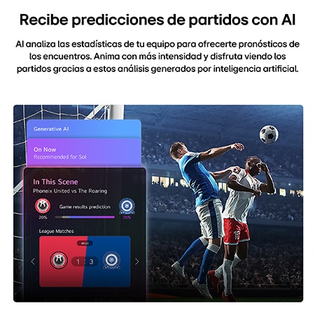 LG QNED evo AI QNED85 Mini LED Sports Forecast by AI Concierge displays a live soccer match with an on-screen AI panel presenting predictions, player insights, and league data, suggesting how AI analyzes gameplay to forecast match outcomes. 