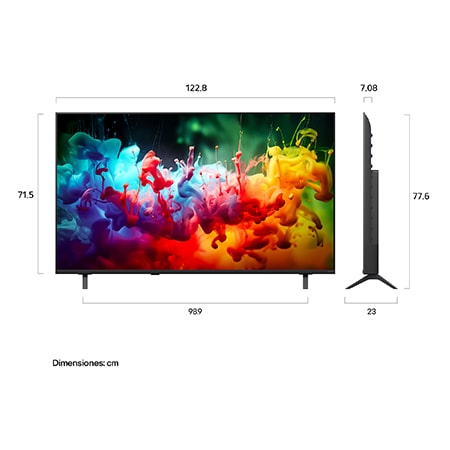 LG QNED evo AI QNED85 Mini LED shown in front and side views highlights a 100-inch display with a 2230 mm-wide screen, 1277 mm screen height, 1374/1338 mm height with stand, a 49.9 mm profile depth, and a stand footprint measuring 1725 by 415 mm.