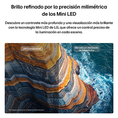 LG QNED evo AI QNED85 Mini LED highlights Mini LED with Precision Dimming Pro through a split aurora-lit glacier mountain scene, comparing conventional LED with deeper blacks and refined contrast to achieve greater precision and clarity.