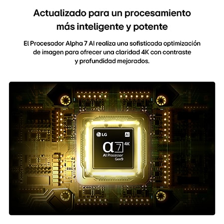 LG QNED evo AI QNED85 Mini LED’s alpha 8 AI Processor 4K Gen3 glows in blue light on a circuit board, highlighting AI processing performance with NPU x5.0 Faster Neural Processing, GPU 10% More Powerful Graphics, and 20% Memory Enhanced Throughput.