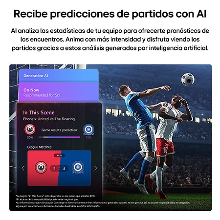 LG QNED evo AI QNED85 Mini LED Sports Forecast by AI Concierge displays a live soccer match with an on-screen AI panel presenting predictions, player insights, and league data, suggesting how AI analyzes gameplay to forecast match outcomes. 