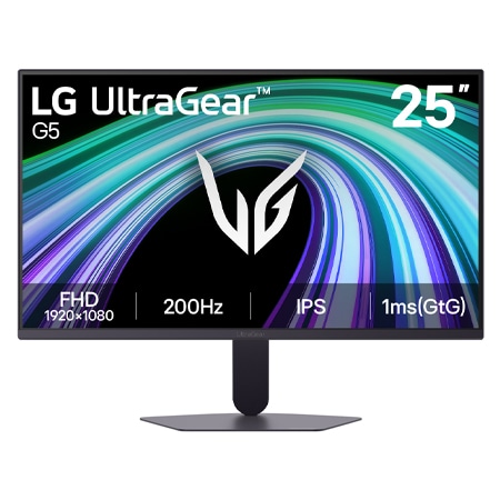 Esta imagen muestra la vista frontal del Monitor Gaming LG UltraGear G5 de 25 pulgadas, que cuenta con una pantalla IPS con resolución FHD (1920×1080), una frecuencia de actualización de 200 Hz y un tiempo de respuesta de 1 ms (GtG), lo que garantiza un rendimiento rápido y una experiencia de juego fluida.