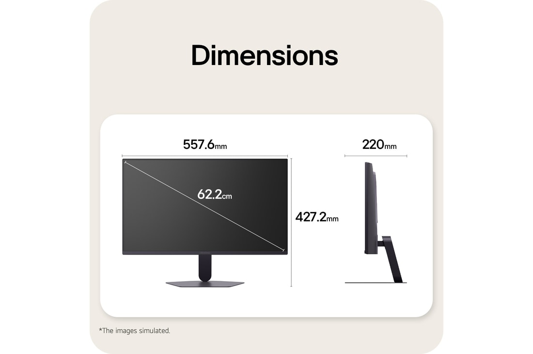 Vistas frontal y lateral de un Monitor Gaming que muestran sus dimensiones generales y el diseño de su perfil.