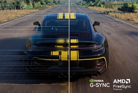 Pantalla para videojuegos con tecnologías NVIDIA® G-SYNC® Compatible y AMD FreeSync™ Premium, que ofrecen imágenes más fluidas con menos distorsiones de pantalla, saltos, desenfoque de movimiento y imágenes fantasma