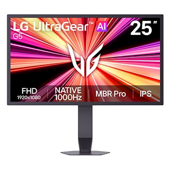 Vista frontal del Monitor Gaming UltraGear G5 (25G590B) mostrando un juego de FPS con resolución FHD, frecuencia de actualización nativa de 1000 Hz, MBR Pro y tecnología IPS.