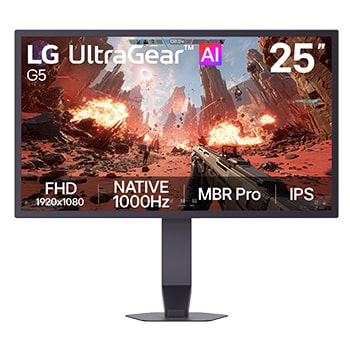 Vista frontal del Monitor Gaming UltraGear G5 (25G590B), que muestra el logotipo de UltraGear con resolución FHD, frecuencia de actualización nativa de 1000 Hz, MBR Pro y tecnología IPS.