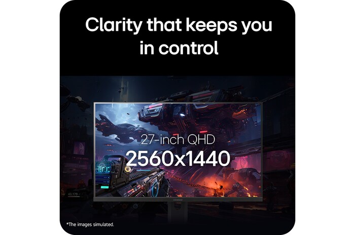Primer plano del Monitor Gaming LG UltraGear de 27 pulgadas mostrando una escena de un juego de ciencia ficción, destacando su resolución QHD 16:9 de 2560×1440.