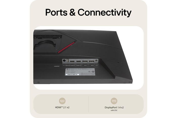 Vista trasera de un Monitor Gaming que muestra sus puertos de conectividad, incluyendo dos entradas HDMI™ 2.1 y dos puertos DisplayPort 1.4 con soporte DSC.