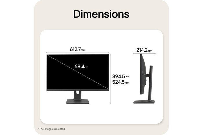 Vistas frontal y lateral de un Monitor Gaming que muestran sus dimensiones generales y el diseño de su perfil.