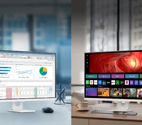 Una foto que muestra los Monitores LG Smart en una oficina y en casa.