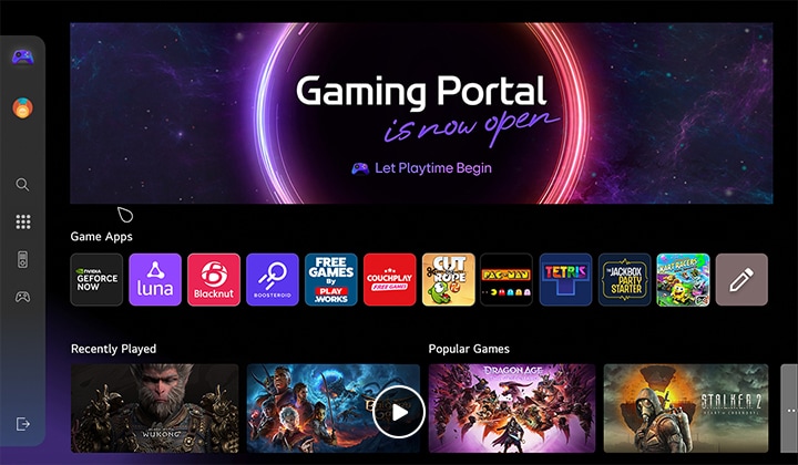 Una pantalla curva muestra un panel de control para juegos con iconos vibrantes, que incluyen aplicaciones de acción, rompecabezas y juegos en la nube. Un gráfico cósmico y brillante rodea la pantalla, realzando el ambiente de ciencia ficción.