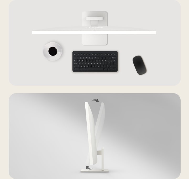 LG Smart Monitor sobre un escritorio con teclado, ratón y taza de café visto desde arriba, junto con una vista lateral que destaca la posibilidad de ajustar la inclinación.