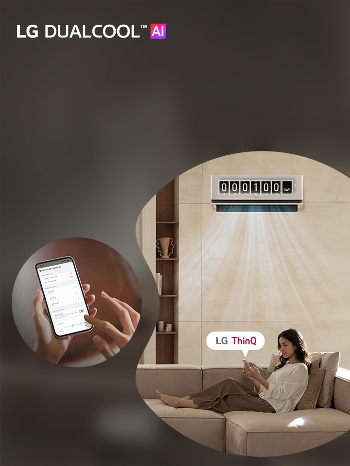 Aire Acondicionado LG DUALCOOL AI que muestra a una mujer en un sofá utilizando la aplicación ThinQ para gestionar la energía.